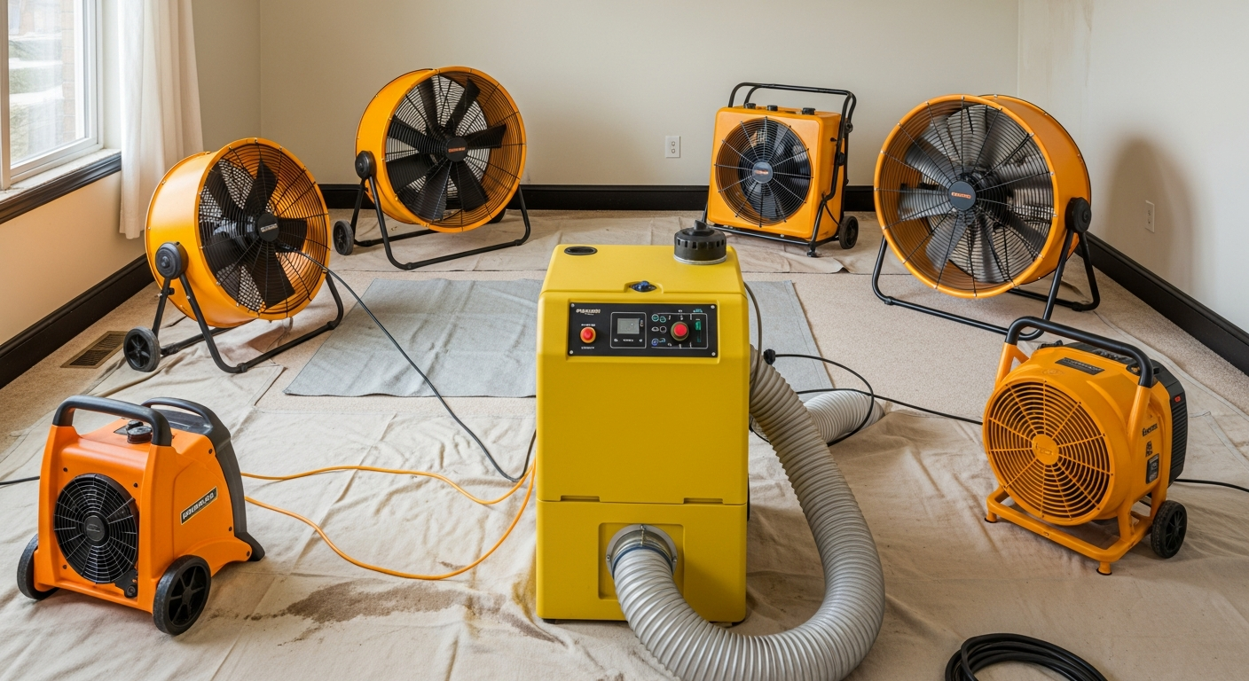 Industrial dehumidifiers and air movers drying water damaged room to prevent mold growth