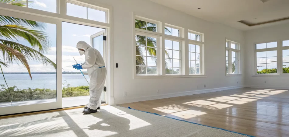 Professional mold removal expert in protective gear treating a Florida home.