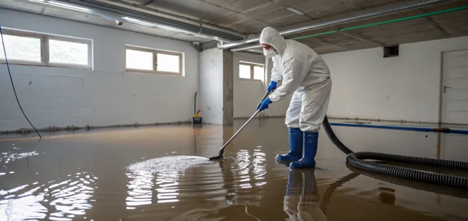 Professional in protective gear using extraction equipment for sewage cleanup services in a flooded basement.