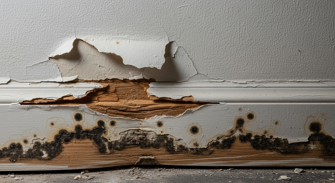 Signs of hidden water damage including peeling paint and warped baseboards in residential home