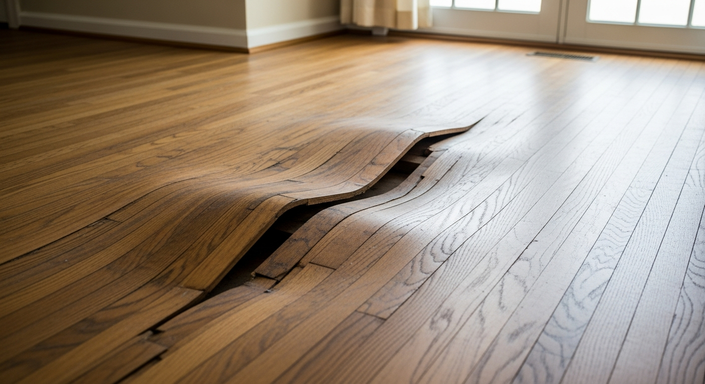 Warped hardwood floor showing signs of water damage in a Tampa home