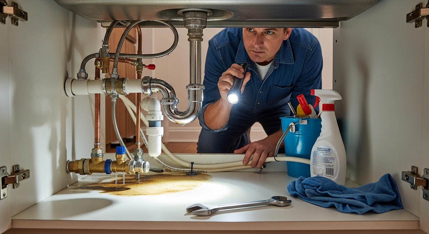 Homeowner checking under kitchen sink for hidden water leaks as part of home maintenance