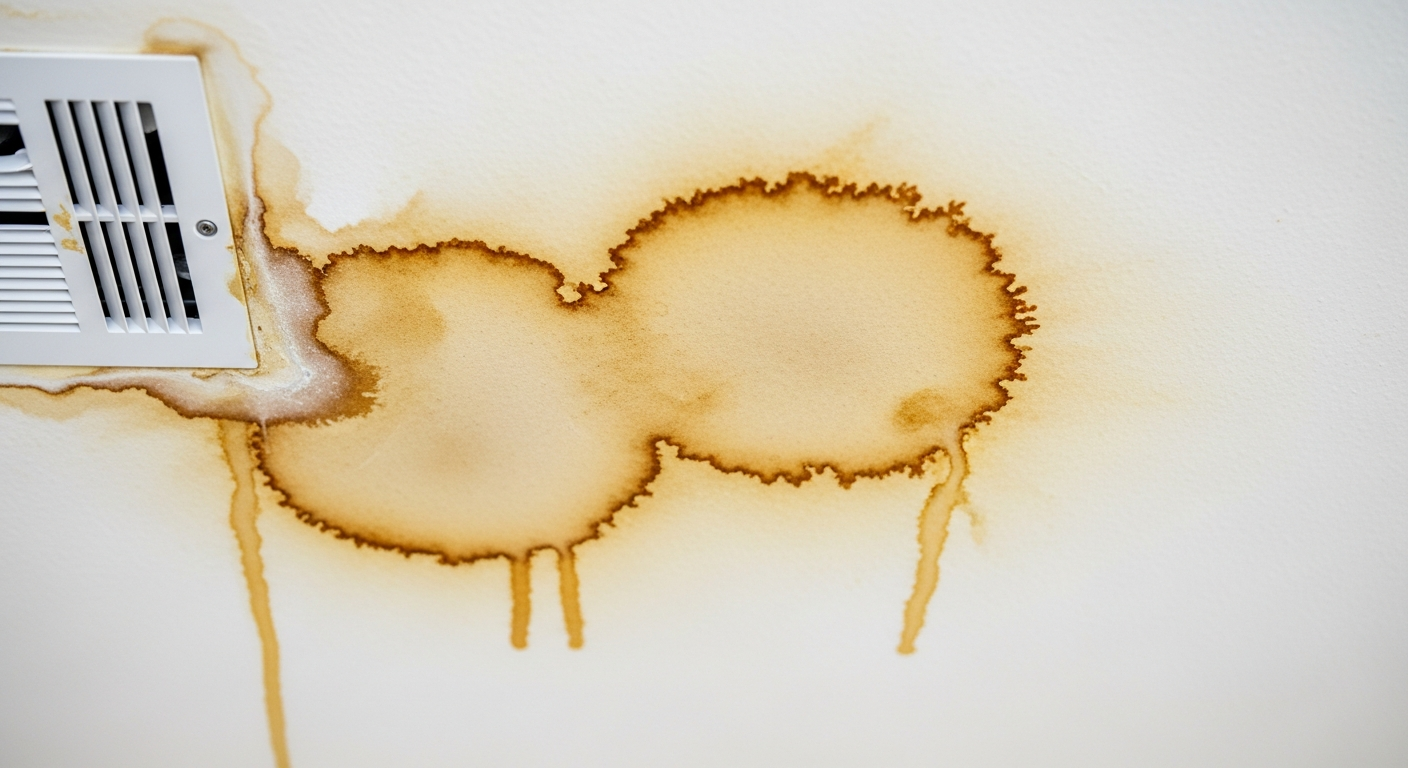 Water stain damage on ceiling near AC vent showing signs of hidden water damage