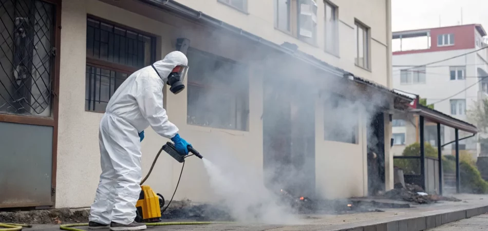 Professional smoke and soot removal in Tampa as a technician cleans a building's exterior.