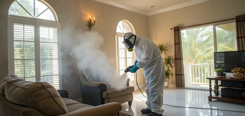 Professional tackling smoke damage cleanup in a Valrico home with specialized equipment.