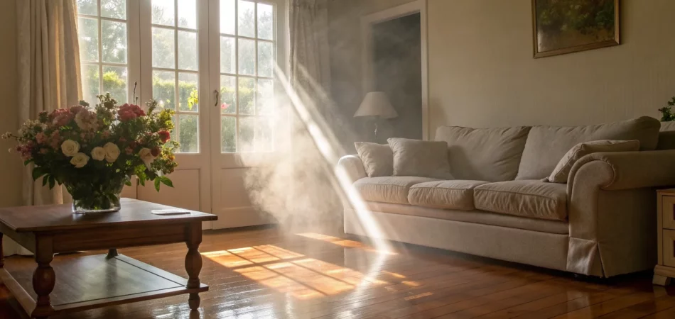 Living room with extensive smoke damage on the walls and ceiling awaiting professional restoration.