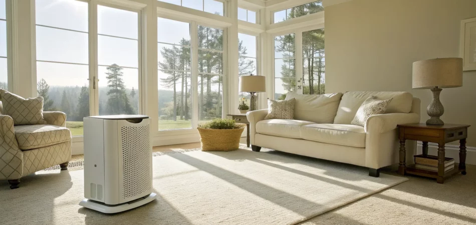 Professional smoke odor removal service using an air purifier in a home.