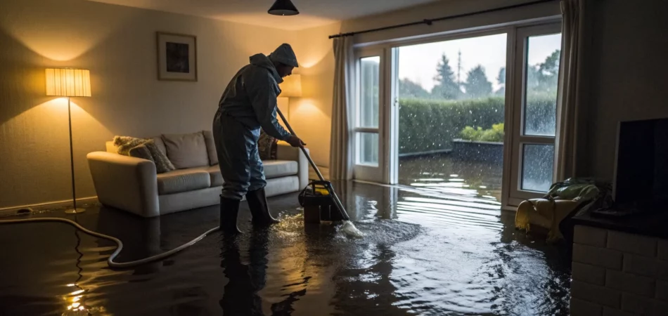 Emergency water removal professional extracting water from a flooded floor.