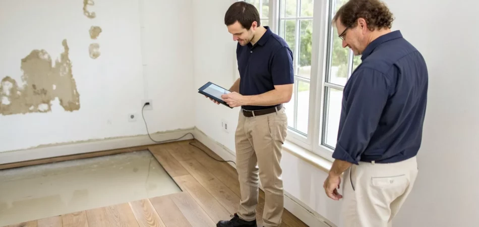 Professionals conducting a water damage consultation and assessment in a Riverview home.