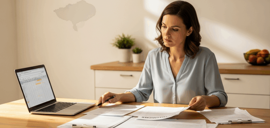 Florida homeowner reviewing water damage insurance claim paperwork at kitchen table