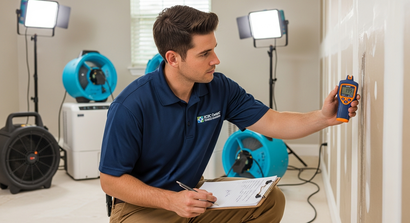 IICRC certified restoration technician using moisture meter to document water damage for insurance claim