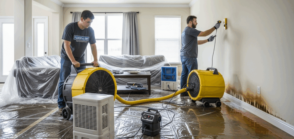 Water damage restoration team using industrial drying equipment in a Tampa home