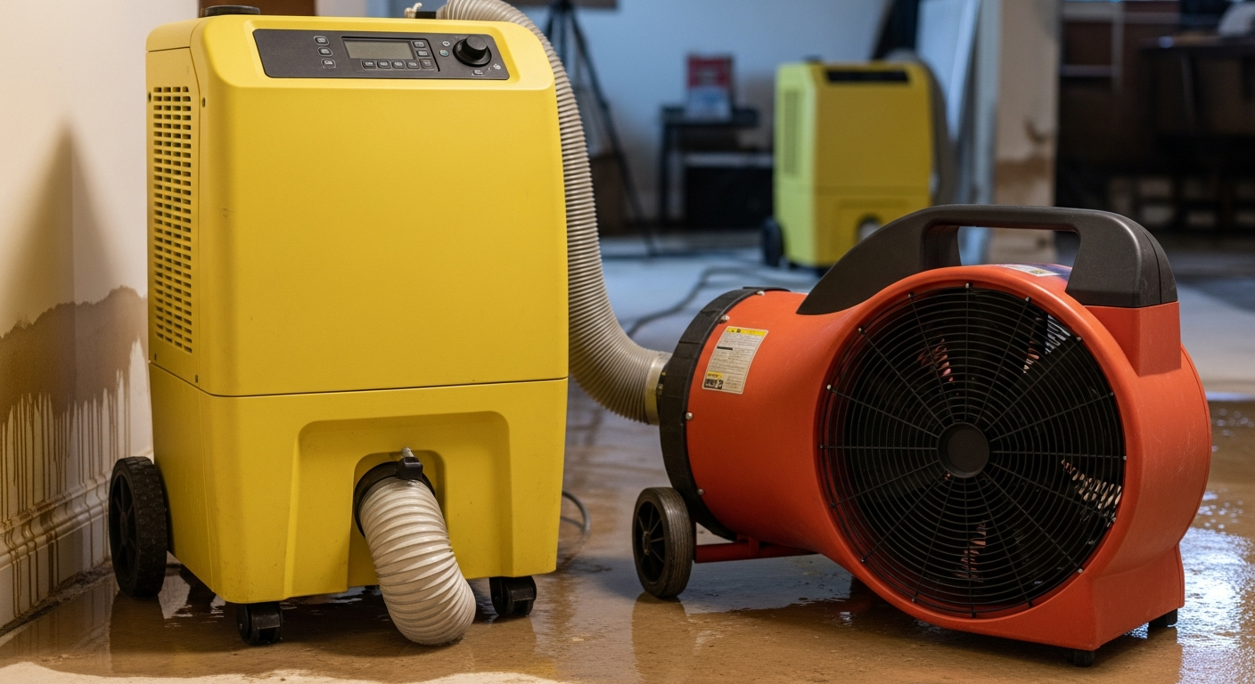 Industrial dehumidifier and air mover drying water-damaged room during restoration