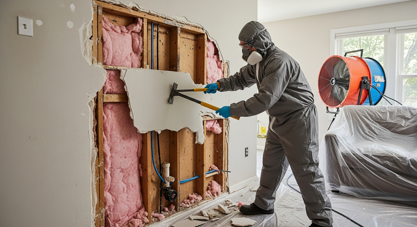 Restoration worker removing water-damaged drywall during repair process