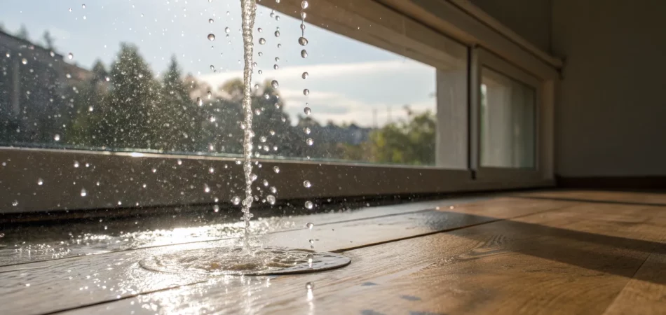 Water dripping from an upstairs bathroom leak onto the floor below.