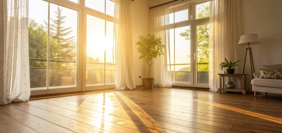 A Tampa, FL living room with clean hardwood floors after a water restoration service.