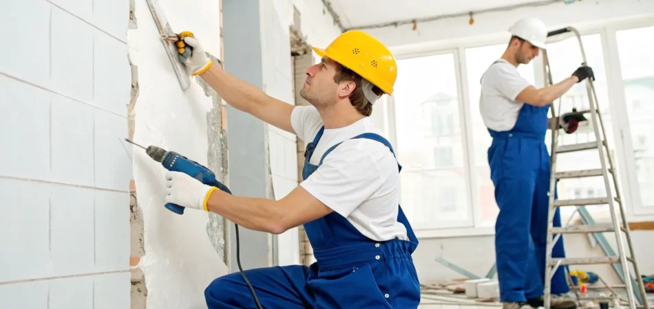 A professional team in hard hats providing property restoration and repair services.