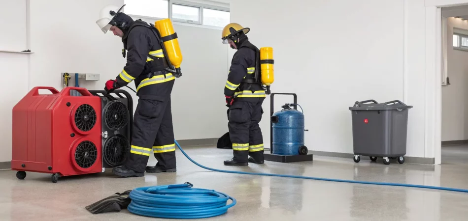 Fire restoration company professionals cleaning smoke and fire damage with specialized equipment.