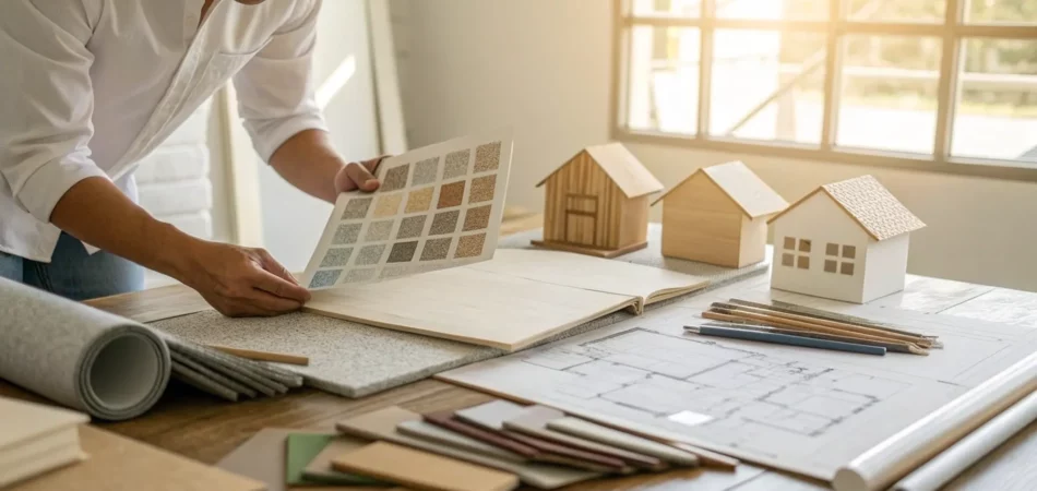 An insurance restoration specialist creating a detailed estimate with blueprints and materials.