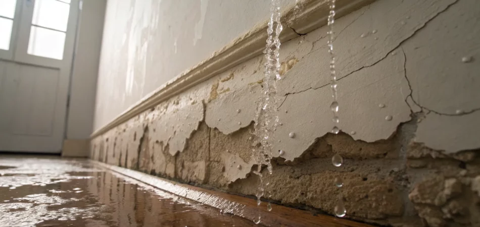 Water damage on drywall with peeling paint and a large wet stain.