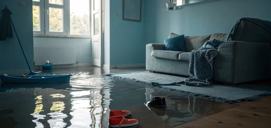 A living room full of water and damaged furniture shows what happens when a house floods.