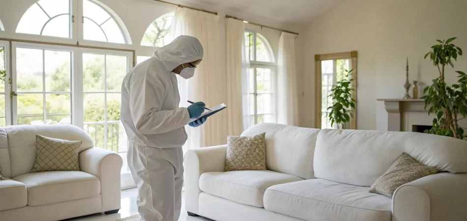 A certified mold remediation company technician in protective gear inspecting a home for mold.