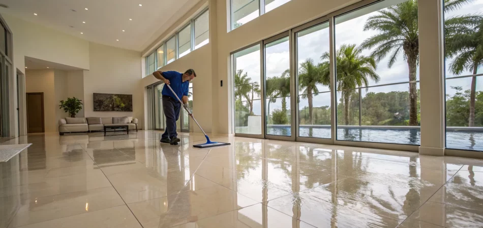 Professional water extraction services cleaning tile floors in a Tampa home.