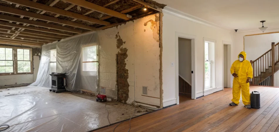 A full-service restoration contractor inspects a damaged home interior.