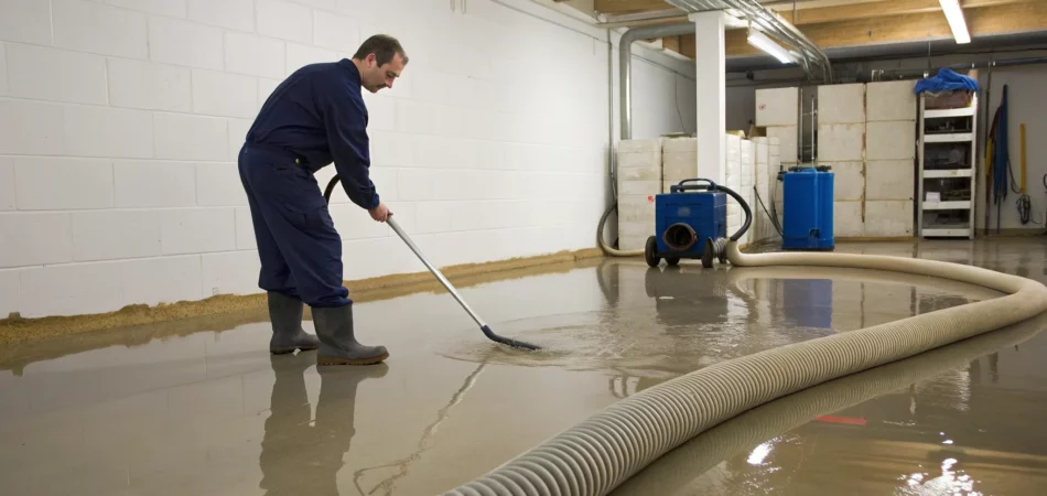 Professional flood cleanup services extracting water from a basement.