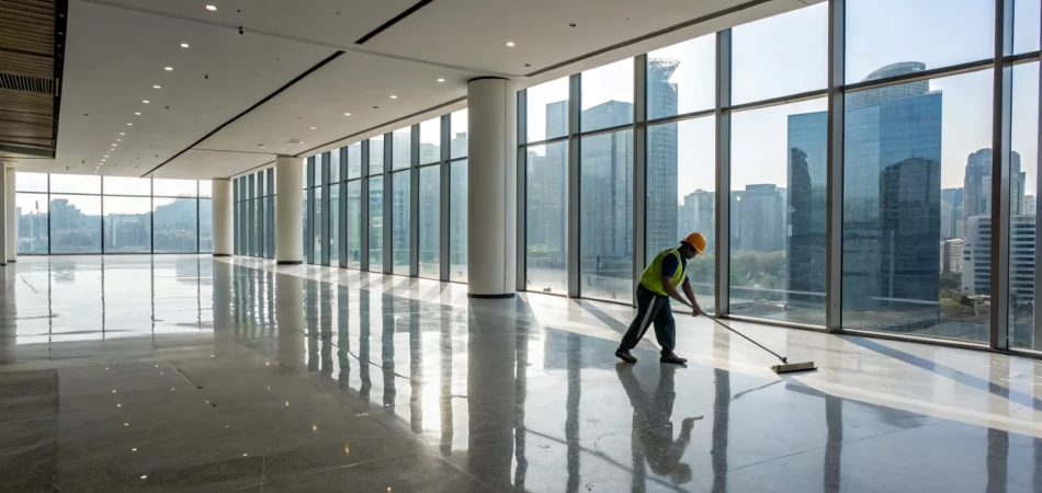 Professional providing construction cleanup services by washing windows in a newly built office.