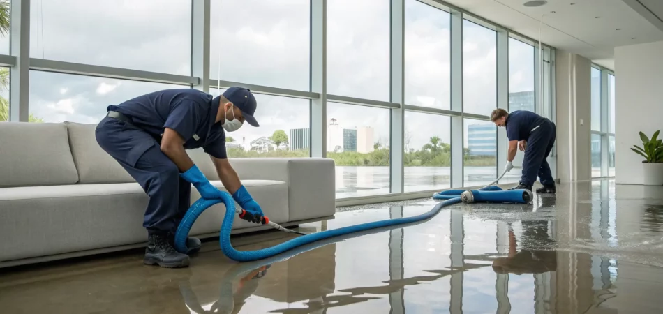 Tampa emergency restoration services team cleaning up water damage in a flooded home.