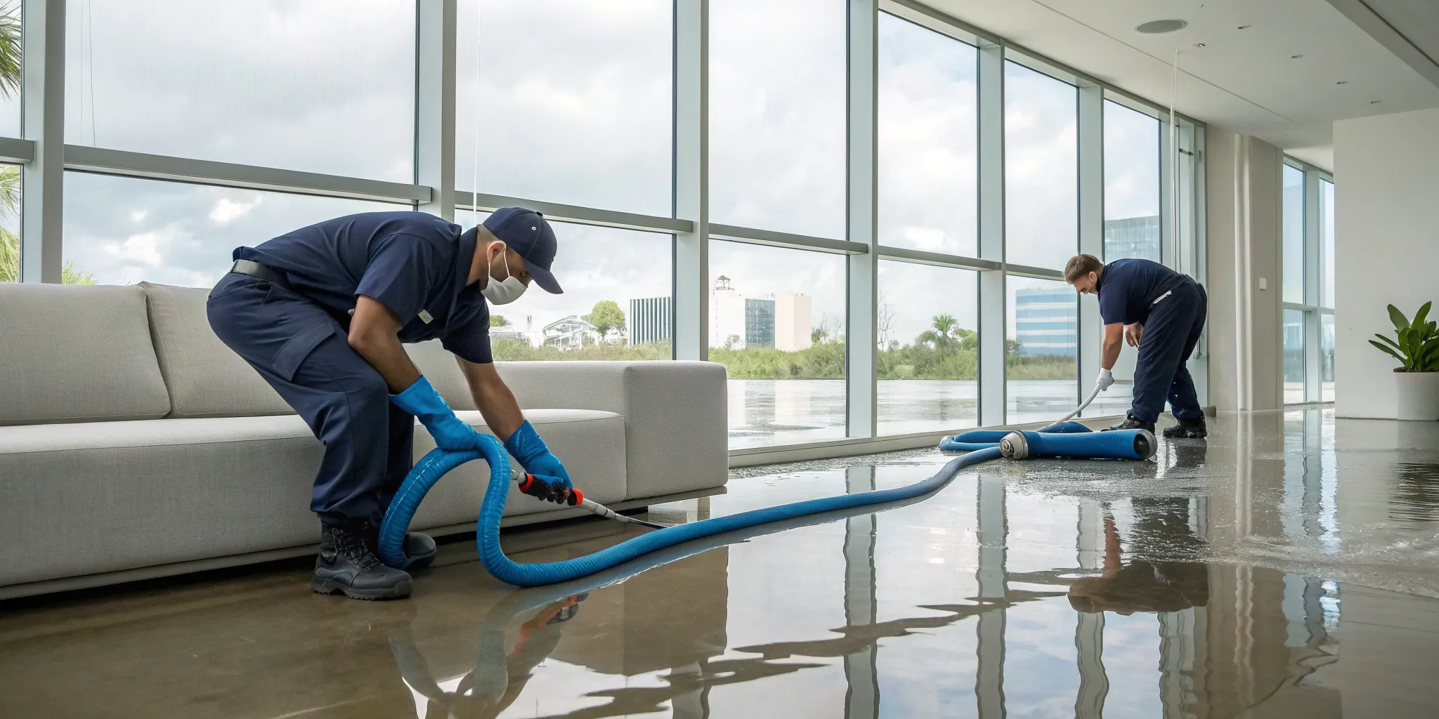 Professional water damage restoration team assessing damage in a Tampa home