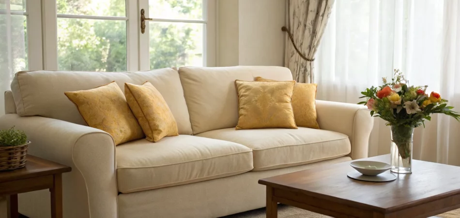 A beige sofa looking new after a professional furniture cleaning near me.