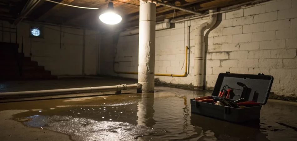 Flooded basement due to a sewer line backup, with a plumber's toolbox on the floor.