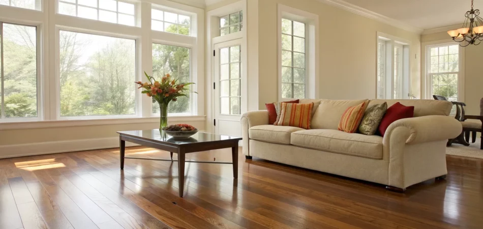 Bright living room after a professional house cleaning service near me.